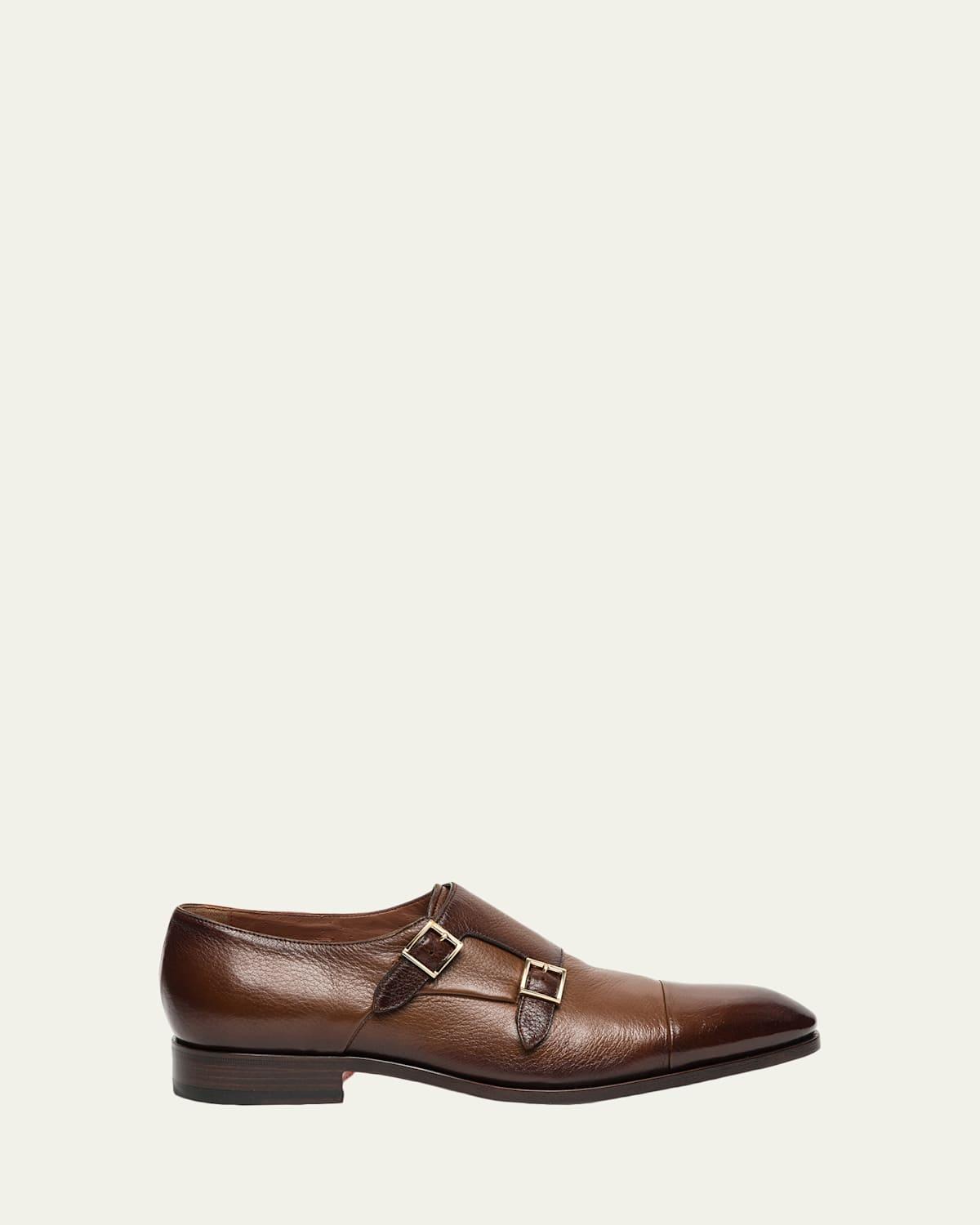Santoni Ira double monk strap en cuir gra marró clar